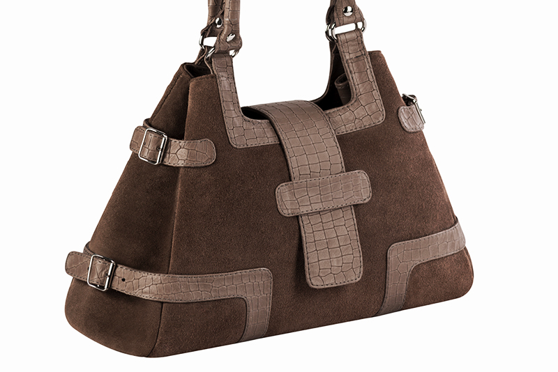 Chocolate brown and bronze beige women's dress handbag, matching pumps and belts. Front view - Florence KOOIJMAN